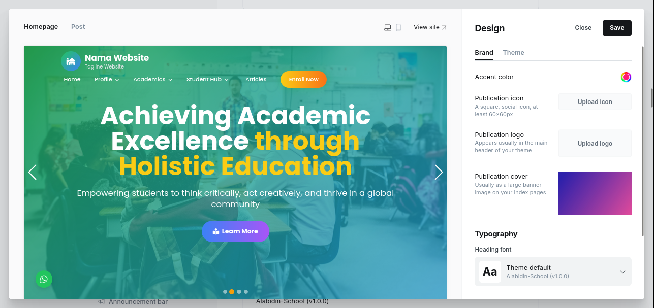 Tampilan kustomisasi bagian Brand dengan opsi logo dan ikon