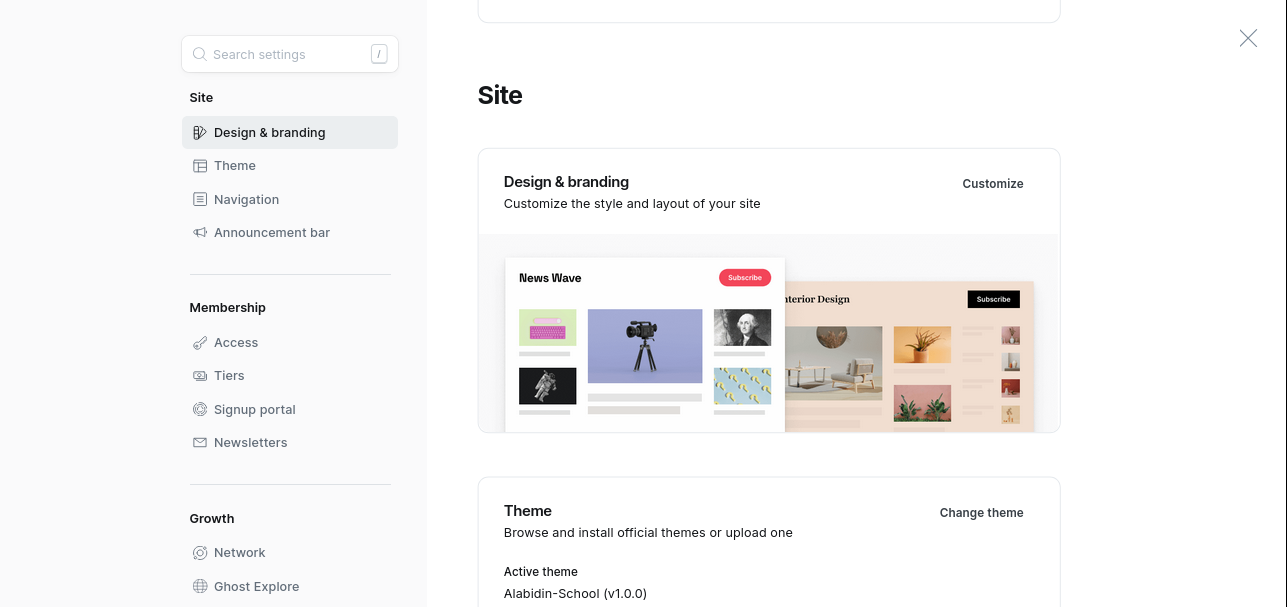 Halaman Settings Ghost dengan opsi Design & branding