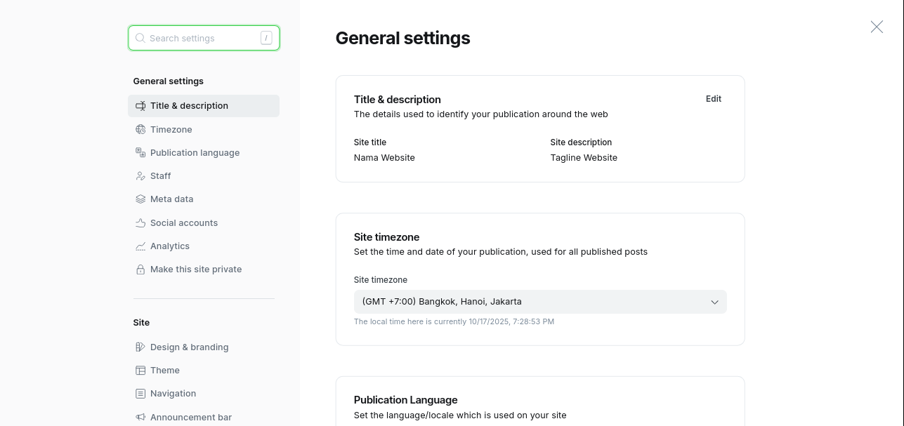 Halaman Settings Ghost dengan opsi Title & description