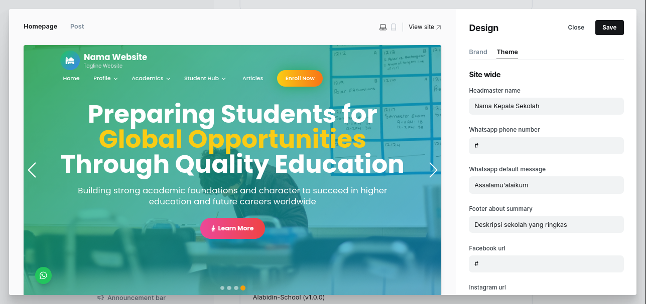 Panel Kustomisasi dengan Tab Theme