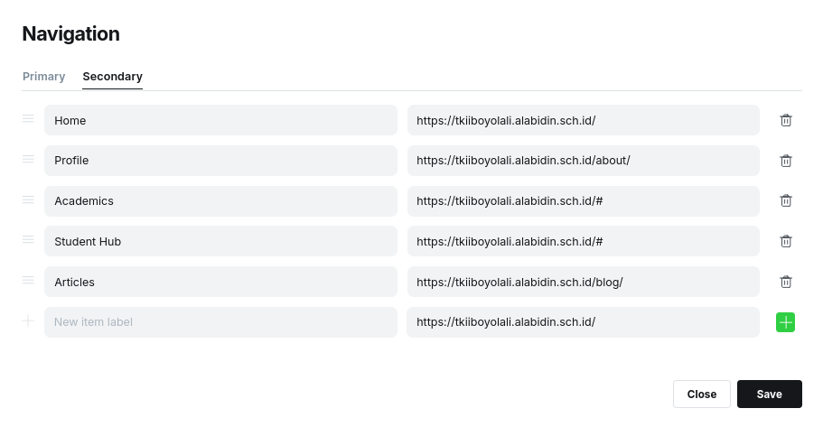 Pengaturan Primary Navigation di Ghost bagian bawah
